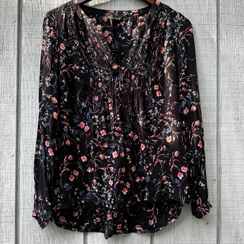 Lucky Brand Floral Print Long Sleeve Bohemian Blouse Top Black Pink Blue S Small